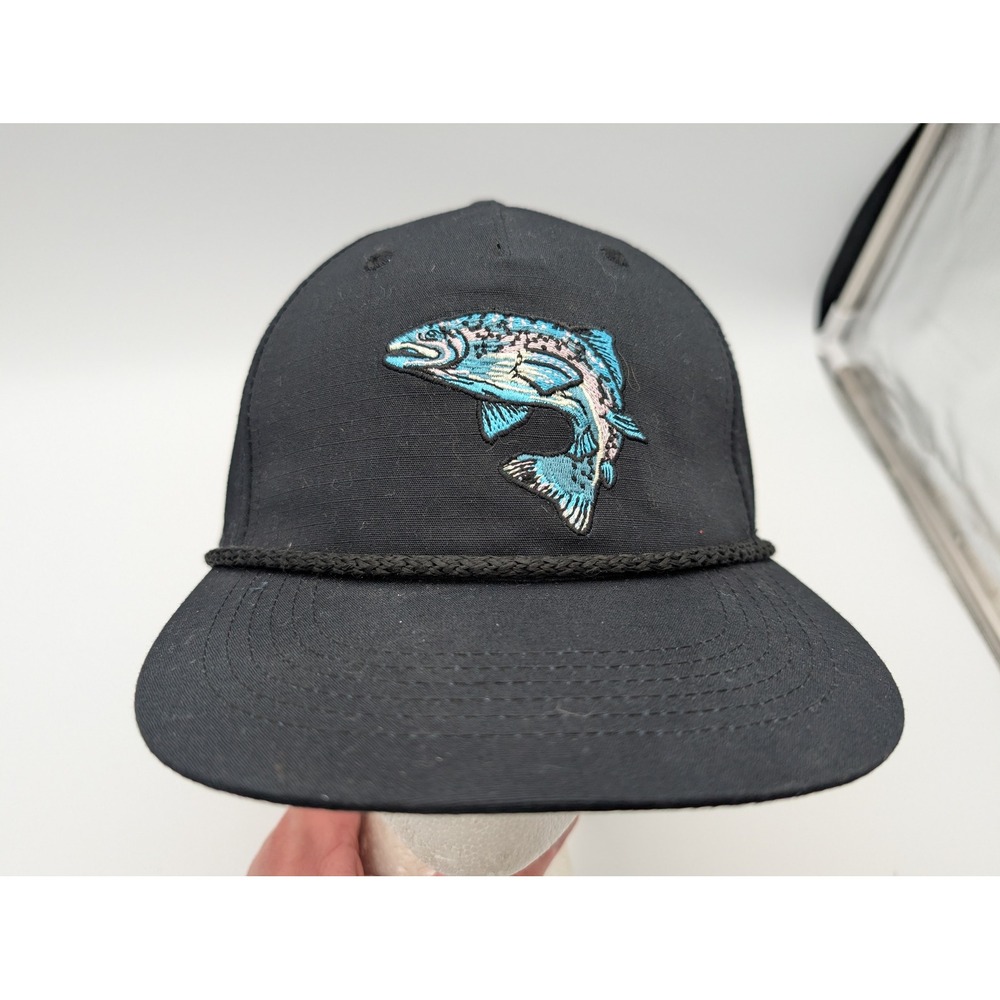 Burlebo Mens Black Ripstop Trout Fish Embroidered Rope Snapback Hat Cap